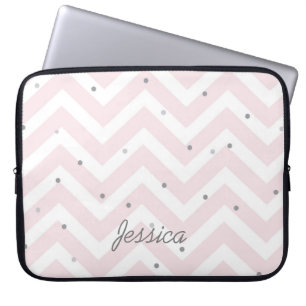 Trendy Pastel Pink Chevron Dotty Personalized Laptop Sleeve