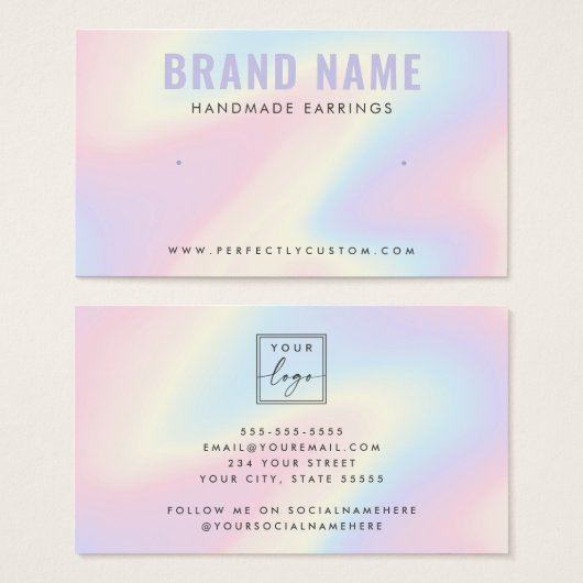Trendy pastel rainbow logo stud earring display visitekaartje (Voorkant /achterkant)