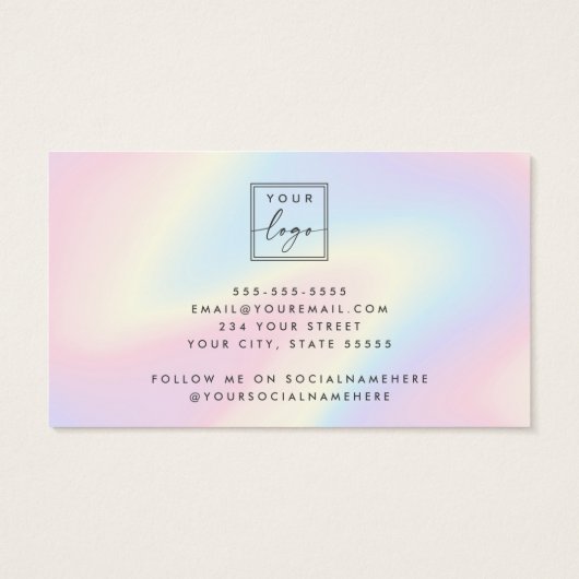 Trendy pastel rainbow logo stud earring display visitekaartje (Achterkant)