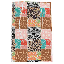 Trendy Patchwork Dierenprint & Bloemige Gift Bag Medium Cadeauzakje