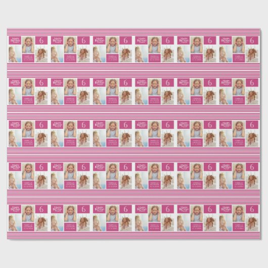 Trendy Pattern Pink Stripe Foto Collage Birthday Cadeaupapier (Vlak)
