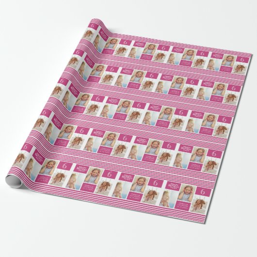 Trendy Pattern Pink Stripe Foto Collage Birthday Cadeaupapier (Uitgerold)