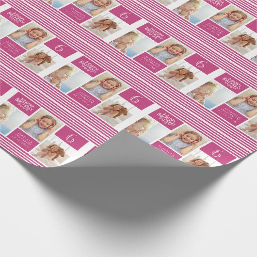 Trendy Pattern Pink Stripe Foto Collage Birthday Cadeaupapier (Hoek)