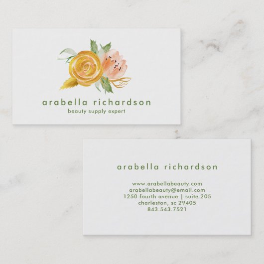 Trendy Peach and Gold Waterverf Floral Visitekaartje (Voorkant / Achterkant)