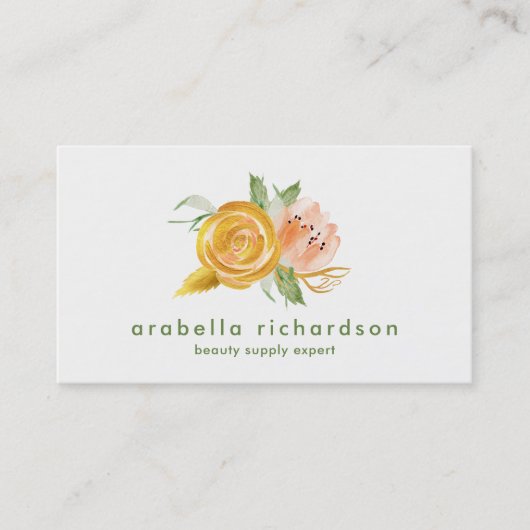 Trendy Peach and Gold Waterverf Floral Visitekaartje (Voorkant)