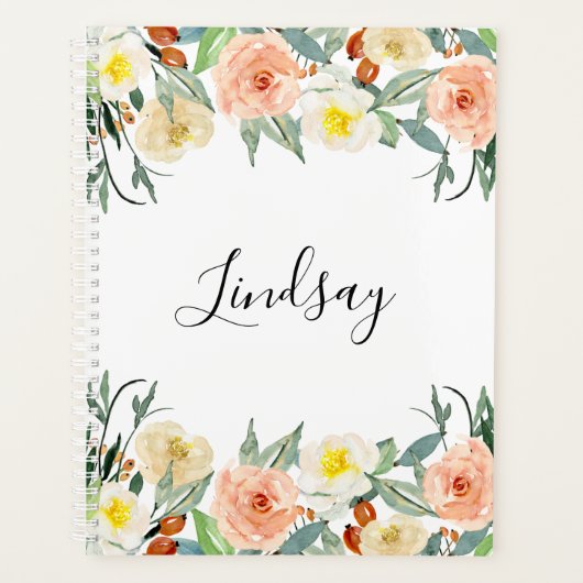 Trendy Peach Floral Monogrammed Planner (Voorkant)