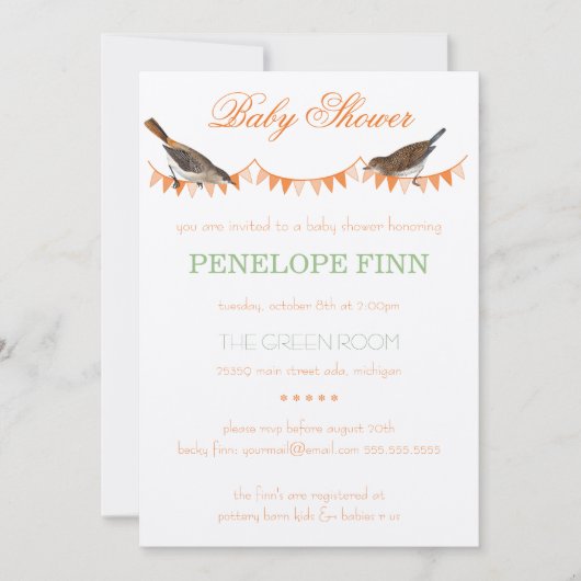 Trendy Peach Green Bunting Bird Baby shower Kaart (Voorkant)