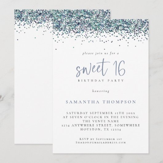 Trendy Peacock Blue Glitter Sweet 16 Birthday Kaart (Voorkant / Achterkant)