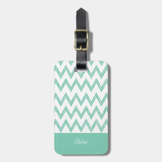 Trendy Pencil Mint Green Chevron Zigzags met naam Bagagelabel (Voorkant verticaal)