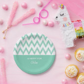 Trendy Pencil Mint Green Chevron Zigzags met naam Papieren Bordje (Feest)