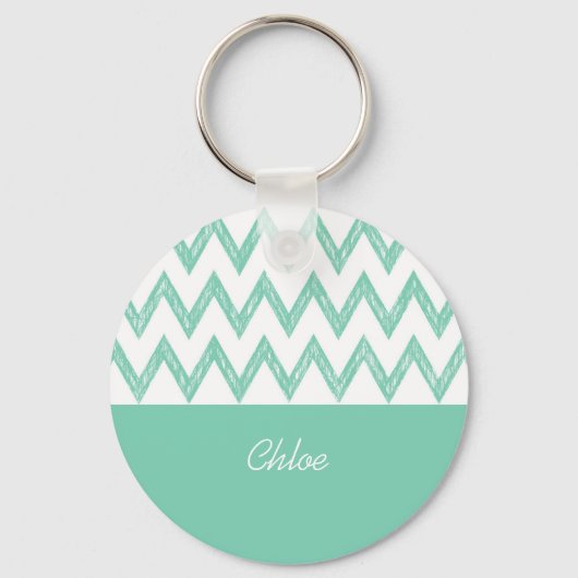Trendy Pencil Mint Green Chevron Zigzags met naam Sleutelhanger (Voorkant)
