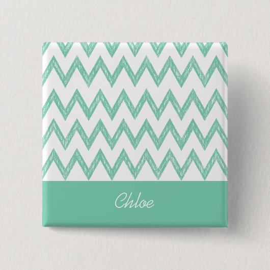 Trendy Pencil Mint Green Chevron Zigzags met naam Vierkante Button 5,1 Cm (Voorkant)