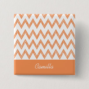 Trendy Pencil Oranje Chevron Zigzags met naam Vierkante Button 5,1 Cm