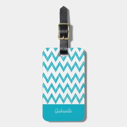 Trendy Pencil Turquoise Chevron Zigzags met naam Bagagelabel (Voorkant verticaal)