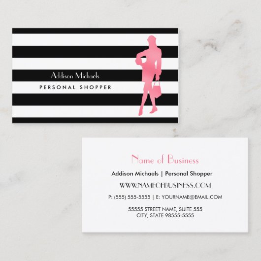 Trendy Personal Shopper Roze Vrouw Zwarte Strepen Visitekaartje (Voorkant / Achterkant)