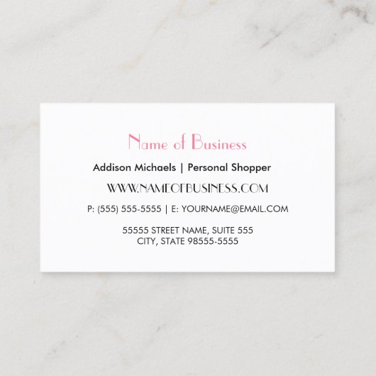 Trendy Personal Shopper Roze Vrouw Zwarte Strepen Visitekaartje (Achterkant)