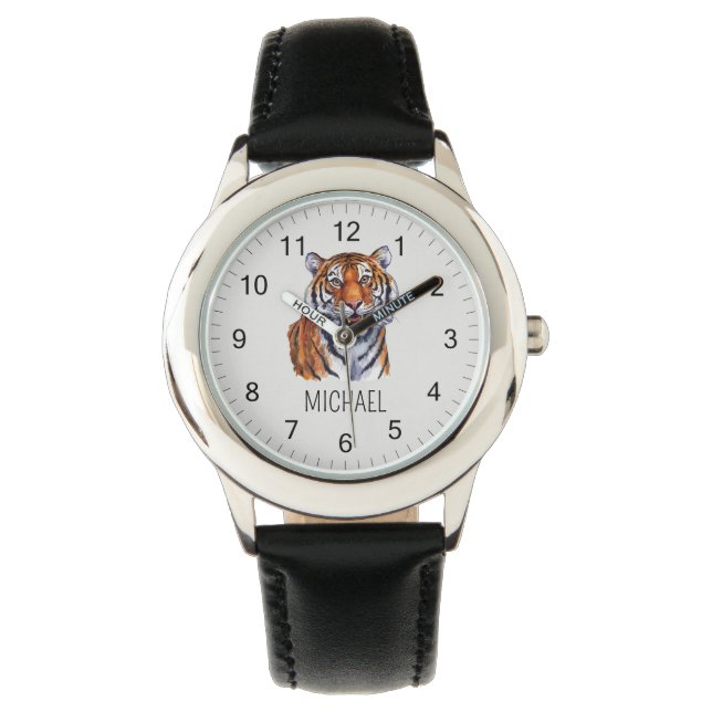 Trendy Personalized Name Cute Jungle Tiger         Horloge (Voorkant)