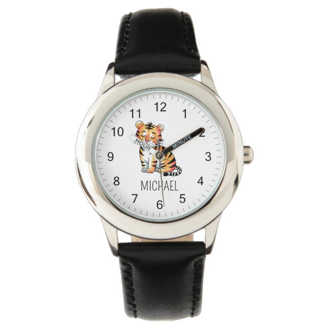 Trendy Personalized Name Cute Jungle Tiger         Horloge (Voorkant)