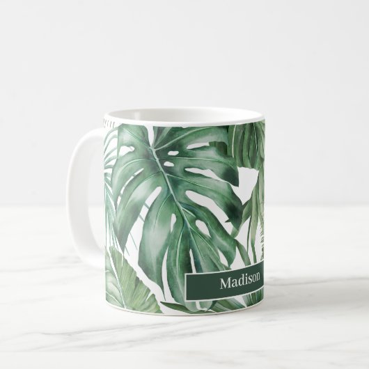 Trendy Personalized Tropical Monstera Leaves Koffiemok (Voorkant links)