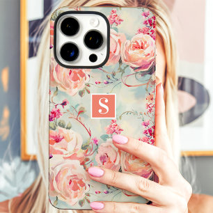 Trendy Perzik Rozen Monogram Bloemen iPhone 16 Pro Max Hoesje