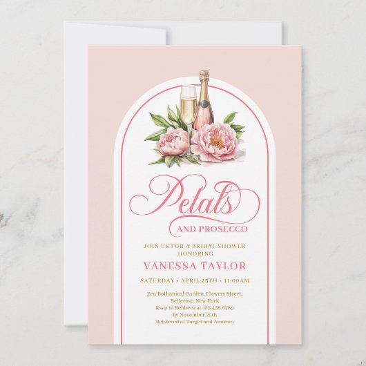 Trendy petals and prosecco blush and gold invite kaart (Voorkant)