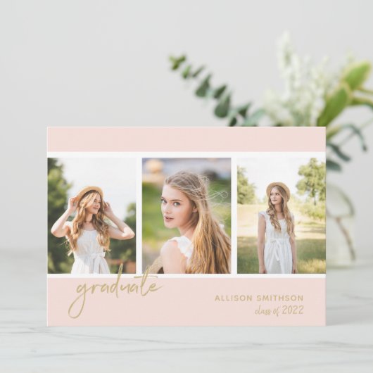 Trendy Photo Collage Blush Pink Gold Afstuderen Aankondiging (Staand voorkant)