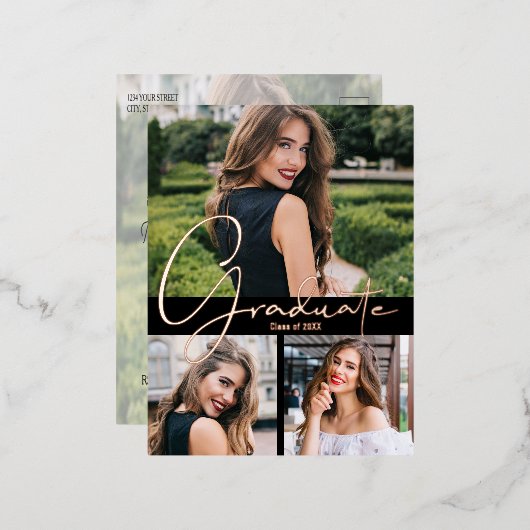 Trendy Photo Graduation Party Folie Uitnodiging Briefkaart (Voorkant / Achterkant)