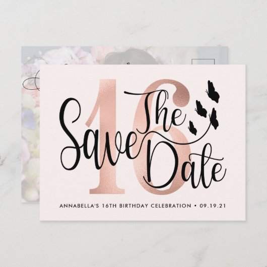 Trendy Photo Sweet 16 Save the Date Briefkaart (Voorkant / Achterkant)