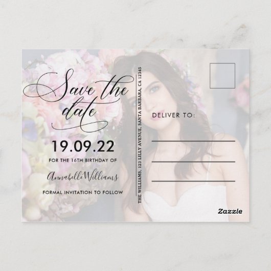 Trendy Photo Sweet 16 Save the Date Briefkaart (Achterkant)