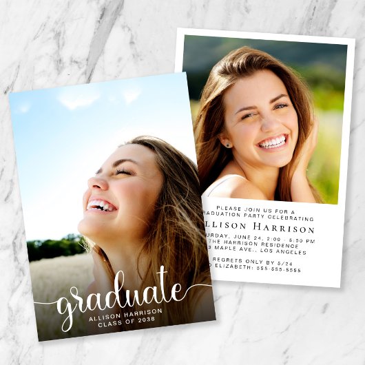 Trendy Photo White Script Afstudeerfeest Kaart