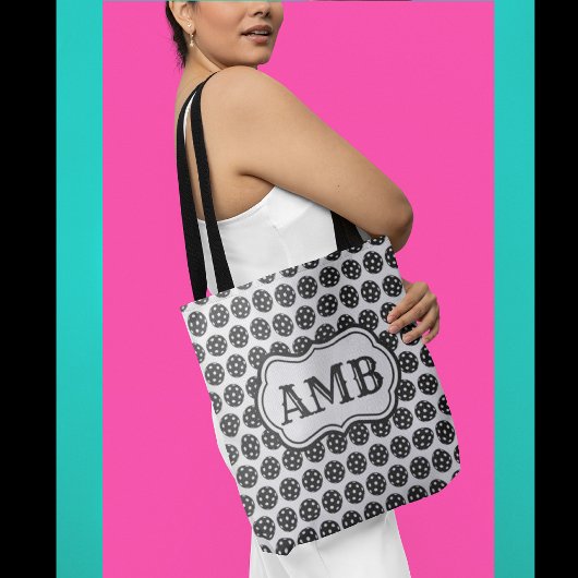 Trendy Pickleball Zwart & Wit 3 letter Monogram Tote Bag