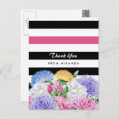 Trendy Pink and Black Stripes Floral bedankt Briefkaart (Voorkant / Achterkant)