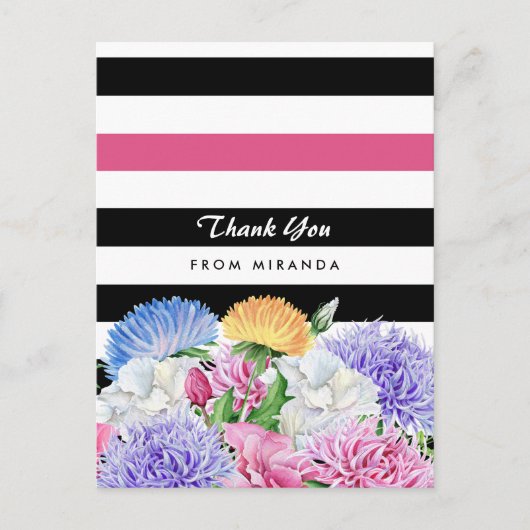 Trendy Pink and Black Stripes Floral bedankt Briefkaart (Voorkant)