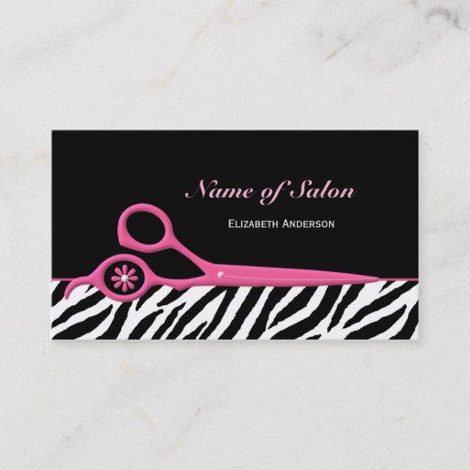 Trendy Pink and Black Zebra Hair Salon Scissors Visitekaartje (Voorkant)