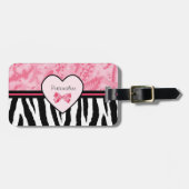 Trendy Pink and Black Zebra Pattern Bow and Name Bagagelabel (Voorkant horizontaal)