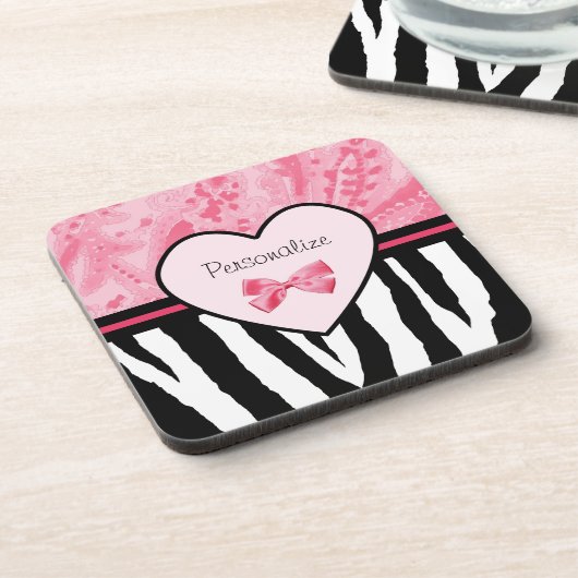 Trendy Pink and Black Zebra Pattern Bow and Name Bier Onderzetter (Linkerzijde)