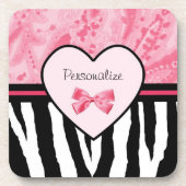 Trendy Pink and Black Zebra Pattern Bow and Name Bier Onderzetter (Voorkant)