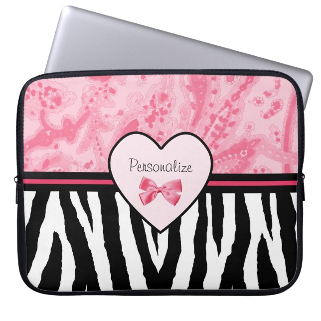 Trendy Pink and Black Zebra Pattern Bow and Name Laptop Sleeve (Voorkant)
