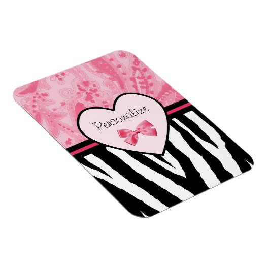 Trendy Pink and Black Zebra Pattern Bow and Name Magneet (Rechterzijde)