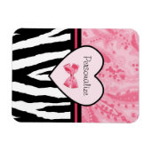 Trendy Pink and Black Zebra Pattern Bow and Name Magneet (Horizontaal)