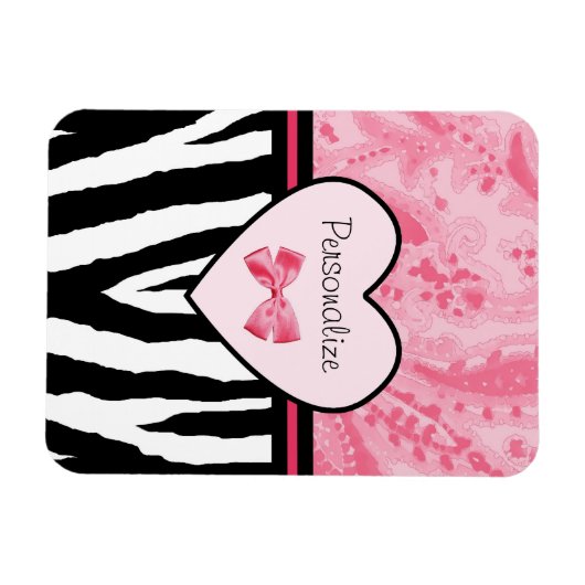 Trendy Pink and Black Zebra Pattern Bow and Name Magneet (Horizontaal)