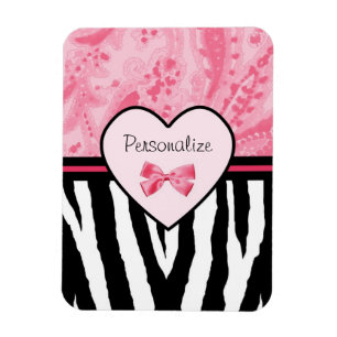Trendy Pink and Black Zebra Pattern Bow and Name Magneet