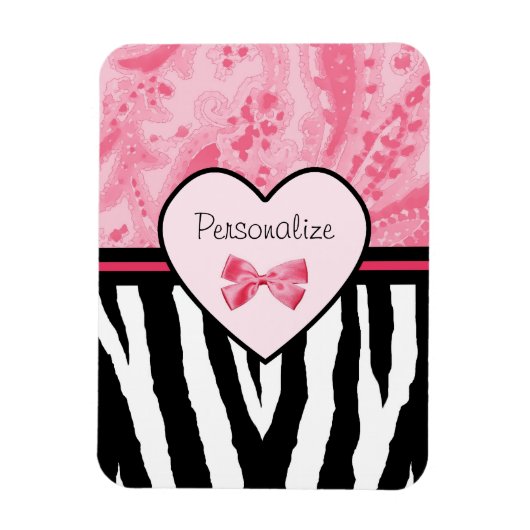 Trendy Pink and Black Zebra Pattern Bow and Name Magneet (Verticaal)