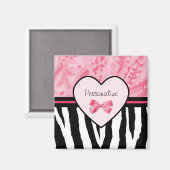 Trendy Pink and Black Zebra Pattern Bow and Name Magneet (Voorkant / Achterkant)