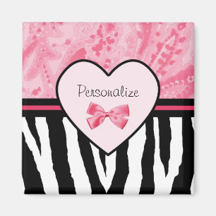 Trendy Pink and Black Zebra Pattern Bow and Name Magneet