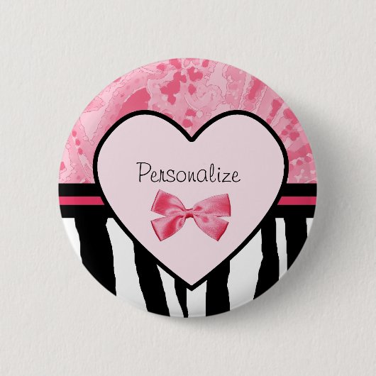 Trendy Pink and Black Zebra Pattern Bow and Name Ronde Button 5,7 Cm (Voorkant)