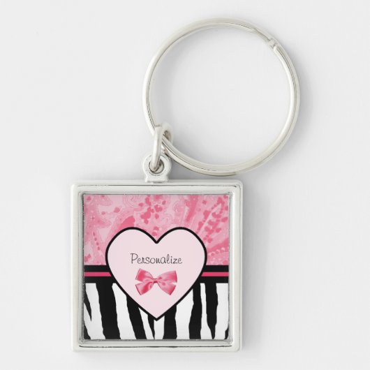 Trendy Pink and Black Zebra Pattern Bow and Name Sleutelhanger (Voorkant)