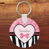 Trendy Pink and Black Zebra Pattern Bow and Name Sleutelhanger (Voorkant)