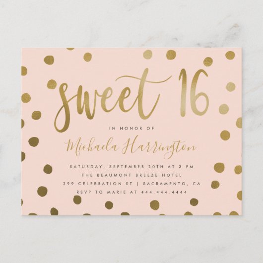 Trendy Pink and Gold Confetti Sweet 16 Birthday Uitnodiging Briefkaart (Voorkant)