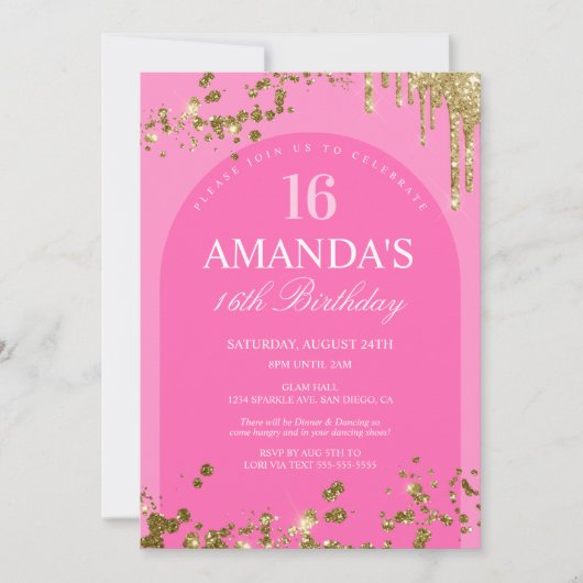 Trendy Pink and Gold Glitter Drip Birthday Kaart (Voorkant)